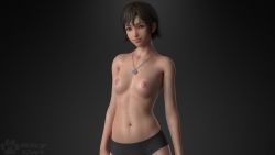 Rule 34 | 1girl, 3d, bad id, bad pixiv id, breasts, brown eyes, brown hair, female focus, final fantasy, final fantasy xv, highres, iris amicitia, jewelry, necklace, nipples, short hair, sky cat, small breasts, smile, solo, topless, underwear