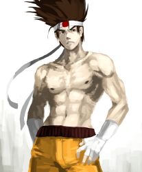 Rule 34 | 1boy, big hair, brown hair, fatal fury, fingerless gloves, food fighter 441, gloves, hands on own hips, headband, highres, japanese flag, joe higashi, male focus, muscular, pectorals, ryuuko no ken, topless male, shorts, solo, spiked hair, the king of fighters