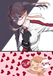 Rule 34 | &gt; &lt;, 10s, 2girls, :d, adjusting clothes, adjusting necktie, aquila (kancolle), bad id, bad twitter id, bespectacled, black gloves, blonde hair, blue eyes, blush, closed mouth, collared shirt, cross, expressionless, closed eyes, glasses, gloves, graf zeppelin (kancolle), hair between eyes, hair ornament, hairclip, heart, high ponytail, iron cross, kantai collection, long sleeves, multiple girls, necktie, no headwear, no headwear, open mouth, ponytail, red-framed eyewear, semi-rimless eyewear, shaded face, shadow, shirt, sidelocks, smile, tachikoma (mousou teikoku), translated, twintails, upper body, wavy hair
