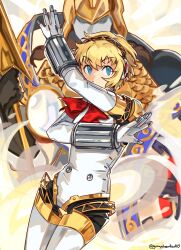 Rule 34 | 1girl, aegis (persona), android, blonde hair, blue eyes, covered mouth, fighting stance, graysheartart, hair between eyes, hairband, headphones, highres, joints, palladion, persona, persona 3, red ribbon, ribbon, robot joints, short hair, smoke, solo
