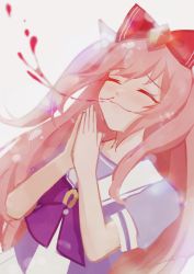 Rule 34 | 1girl, absurdres, agnes digital (umamusume), animal ears, blood, bow, commentary request, closed eyes, hair bow, hair ribbon, own hands clasped, highres, horse ears, horse girl, long hair, nosebleed, own hands together, pink hair, praying, ribbon, simple background, smile, solo, sparkle, umamusume, white background