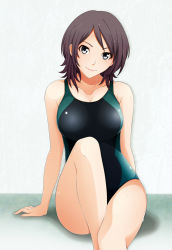 Rule 34 | 1girl, amagami, arm support, arms behind back, black eyes, breasts, brown hair, competition swimsuit, grey eyes, head tilt, kishida-shiki, large breasts, looking at viewer, one-piece swimsuit, shadow, sitting, smile, solo, swimsuit, takahashi maya, wet, wide hips