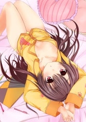 Rule 34 | 1girl, :o, arms up, bare legs, blush, breasts, brown eyes, brown hair, cleavage, collarbone, covered erect nipples, frilled pillow, frills, gatakenjin, green panties, kugayama konoka, long hair, looking at viewer, lying, notebook, on back, on bed, pajamas, panties, pen, pillow, prism recollection!, red eyes, solo, unbuttoned, underwear, upskirt