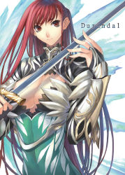 Rule 34 | 1girl, armor, bracer, breasts, bridal gauntlets, cleavage, cleavage cutout, clothing cutout, dress, feathers, female focus, large breasts, long hair, orange eyes, ran&#039;ou (tamago no kimi), red hair, solo, sword, very long hair, weapon