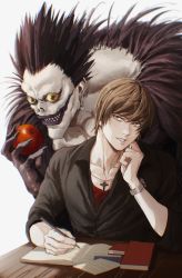 Rule 34 | 2boys, absurdres, apple, black hair, book, brown eyes, brown hair, ctstudio (executional), death note, food, fruit, highres, holding, holding food, holding fruit, jacket, jewelry, male focus, multiple boys, necklace, ryuk, sharp teeth, shinigami, smile, table, teeth, watch, wristwatch, writing, yagami light