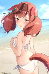 Rule 34 | 1girl, :d, absurdres, animal ears, ass, bare arms, bare shoulders, between legs, bikini, blue sky, blush, breasts, brown eyes, brown hair, cloud, commentary request, dated, day, hand between legs, highres, hirota fruit, horizon, horse ears, horse girl, horse tail, looking at viewer, looking back, multicolored hair, nice nature (umamusume), ocean, open mouth, outdoors, side-tie bikini bottom, sky, small breasts, smile, solo, streaked hair, swimsuit, tail, twintails, twitter username, umamusume, water, white bikini