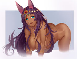 Rule 34 | 1girl, all fours, animal ears, ass, blue background, blue eyes, breasts, collarbone, commentary request, cropped arms, cropped legs, dark-skinned female, dark skin, fate/grand order, fate (series), gaoyang ou nisang, gradient background, grey background, hair ornament, hanging breasts, head tilt, highres, large breasts, long hair, nipples, nude, parted bangs, parted lips, purple hair, queen of sheba (fate), round teeth, solo, teeth, two-tone background, upper teeth only, very long hair, white background