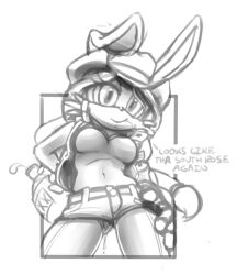 Rule 34 | 1girl, alcohol, animal nose, belt, body fur, bottle, breasts, bunnie rabbot, closed mouth, covered navel, cowboy hat, cowboy shot, cyborg, ears through headwear, female focus, furry, furry female, greyscale, half-closed eye, hand on own hip, hand on own thigh, happy, hat, holding, holding bottle, leotard, leotard under clothes, long hair, looking at viewer, mechanical arms, mechanical legs, medium breasts, monochrome, mouth hold, open clothes, open vest, outside border, pussy juice, pussy juice drip, rabbit ears, rabbit girl, rockthebull, short shorts, shorts, simple background, single mechanical arm, sketch, smile, solo, sonic (series), sonic the hedgehog (archie comics), stalk in mouth, standing, thighs, vest, white background