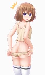 Rule 34 | 1girl, ^^^, ass, bare shoulders, blend s, blush, brown hair, commentary, cowboy shot, from behind, highres, hoshikawa mafuyu, kazenokaze, looking at viewer, looking back, open mouth, purple eyes, removing panties, short hair, simple background, skindentation, solo, sweatdrop, tank top, thighhighs, undressing, white background, white thighhighs