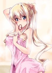 Rule 34 | 1girl, adjusting hair, arm behind head, arm up, bare shoulders, blonde hair, blue eyes, commentary request, commission, from side, hair tie in mouth, hand in own hair, highres, holding, holding towel, ilfriede von feulner, kuroi mimei, long hair, looking at viewer, mouth hold, muv-luv, muv-luv alternative, naked towel, pink towel, ponytail, sidelocks, skeb commission, solo, standing, steam, towel, wavy hair, wet