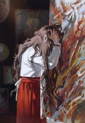 Rule 34 | 1girl, absurdres, apron, arm up, braid, brown hair, canvas (object), commentary request, dizi930, from side, hair ornament, hand on own head, highres, indoors, long hair, long sleeves, original, paint tube, painting (object), red skirt, shirt, skirt, solo, standing, very long hair, white apron, white shirt