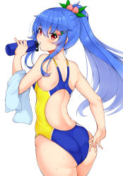Rule 34 | 1girl, adjusting clothes, adjusting swimsuit, alternate costume, alternate hairstyle, ass, back cutout, bare arms, bare shoulders, blue hair, blush, bottle, breasts, clothing cutout, competition swimsuit, cowboy shot, daichi (tokoya), drinking, food, from behind, fruit, hair between eyes, hair fruit, hair ornament, highres, hinanawi tenshi, leaf hair ornament, long hair, looking at viewer, looking back, one-piece swimsuit, peach, ponytail, red eyes, sidelocks, simple background, small breasts, solo, swimsuit, touhou, towel, two-tone swimsuit, water bottle, water drop, wet, wet clothes, wet swimsuit, white background