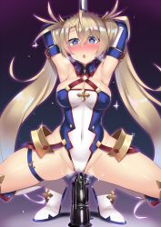 Rule 34 | 1girl, armor, armpits, arms up, blonde hair, blue eyes, blush, boots, bradamante (fate), bradamante (first ascension) (fate), breasts, breath, cleavage, covered erect nipples, covered navel, curvy, dildo, elbow gloves, fate/grand order, fate (series), faulds, female focus, gloves, groin, hair ornament, heart, heart-shaped pupils, heavy breathing, highres, hypnosis, kutan, leotard, long hair, medium breasts, mind control, moaning, navel, partially visible vulva, pole, pole dancing, revision, sex toy, shiny skin, solo, sweat, symbol-shaped pupils, twintails, very long hair, wet, wet clothes