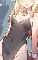 Rule 34 | 1girl, :o, arm support, bare shoulders, black leotard, blonde hair, blush, breasts, covered navel, cross, detached collar, facing viewer, head out of frame, helma lennartz, impossible clothes, impossible leotard, iron cross, jewelry, leotard, long hair, navel, necklace, open mouth, small breasts, solo, strike witches, sweat, tilt-shift (azalanz), world witches series, wrist cuffs