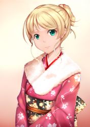 Rule 34 | 1girl, alternate hairstyle, aqua eyes, bad id, bad pixiv id, beige background, blonde hair, cherry blossoms, chiyo goya, closed mouth, ellen baker, eyebrows, floral print, fur collar, furisode, gradient background, highres, japanese clothes, kimono, long hair, long sleeves, looking at viewer, new horizon, obi, ponytail, sash, smile, solo, upper body