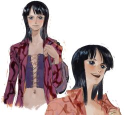 Rule 34 | 1girl, bag, black hair, blue eyes, blunt bangs, chinese commentary, closed mouth, collared shirt, commentary request, crop top, cross-laced clothes, cross-laced top, highres, linerynlasgalen, looking at viewer, medium hair, multiple views, navel, nico robin, one piece, purple bag, purple shirt, shirt, shoulder bag, simple background, smile, solo, teeth, upper teeth only, white background