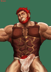 Rule 34 | 1boy, armpit hair, bara, bare shoulders, beard, bound, bound arms, bulge, cleavage cutout, clothing cutout, commission, cowboy shot, erection, erection under clothes, excessive pubic hair, facial hair, fate/grand order, fate/zero, fate (series), fundoshi, head tilt, highres, iskandar (fate), japanese clothes, large pectorals, leather, male focus, male pubic hair, male underwear, muscular, muscular male, original, pectorals, powerlesssong, pubic hair, red eyes, red hair, scar, scar on arm, short hair, solo, sweatdrop, thick thighs, thighs, underwear, veins, wet, wet clothes, wet male underwear, white male underwear