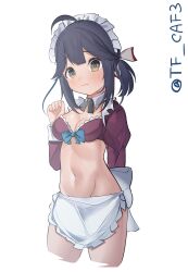 Rule 34 | 1girl, absurdres, ahoge, apron, bikini, black hair, breasts, cleavage, commentary request, cropped legs, frilled bikini, frills, groin, hair ribbon, hayanami (kancolle), highres, kantai collection, maid headdress, medium breasts, navel, ponytail, purple hair, ribbon, short hair, shrug (clothing), sidelocks, simple background, solo, swimsuit, tanibe yumi, tf cafe, twintails, twitter username, white apron, white background, white ribbon