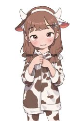 Rule 34 | 1girl, animal costume, animal ears, animal print, brown eyes, brown hair, child, cow ears, cow girl, cow print, fake animal ears, female focus, highres, looking at viewer, low twintails, opossumachine, original, simple background, solo, twintails, white background