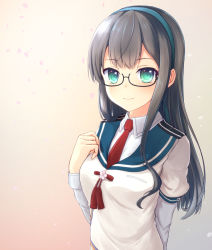 Rule 34 | 10s, 1girl, aqua eyes, arm behind back, black-framed eyewear, black hair, blue hairband, blush, c:, closed mouth, collared shirt, female focus, glasses, hairband, highres, kantai collection, long hair, long sleeves, looking at viewer, neck, necktie, ooyodo (kancolle), personification, petals, red necktie, school uniform, semi-rimless eyewear, shirt, single sidelock, smile, solo, standing