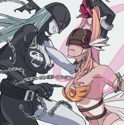 Rule 34 | 2girls, angewomon, armpits, bare shoulders, belt, bleeding, blonde hair, blood, blood from mouth, breasts, chain, chained, claws, clothing cutout, colored skin, commentary request, covered eyes, digimon, digimon (creature), futa yuri ryona, grabbing another&#039;s hair, grey hair, grey skin, ladydevimon, large breasts, long arms, long hair, multiple girls, o-ring, red eyes, removing bra, restrained, revealing clothes, ribbon, smirk, stomach cutout, torn clothes