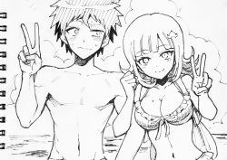 Rule 34 | 1girl, backpack, bag, bikini, blunt bangs, blush, breasts, cleavage, cloud, collarbone, commentary request, danganronpa (series), danganronpa 2: goodbye despair, double v, flipped hair, frilled bikini, frills, front-tie bikini top, front-tie top, galaga, greyscale, hair ornament, highres, hinata hajime, large breasts, looking at another, looking at viewer, medium hair, mole, mole on breast, monochrome, nanami chiaki, navel, ocean, outdoors, smile, sweat, swimsuit, traditional media, tsunemi aosa, v