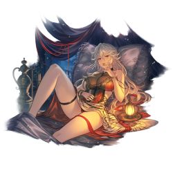 Rule 34 | 1girl, alpha transparency, animal print, bare shoulders, bed, bed sheet, black nails, bookshelf, bracelet, breasts, cleavage, granblue fantasy, hair between eyes, hat, indoors, jewelry, lantern, large breasts, lips, long hair, looking at viewer, magisa (granblue fantasy), minaba hideo, nail polish, night, official art, on bed, one-piece swimsuit, parted lips, pillow, red eyes, sarong, see-through, see-through cleavage, smile, solo, swimsuit, thigh strap, thighs, tiger print, transparent background, very long hair