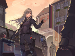 Rule 34 | 1girl, 2boys, black gloves, braid, cup, drinking straw, fingerless gloves, g36c (girls&#039; frontline), girls&#039; frontline, gloves, grey hair, gun, hair over one eye, highres, holding, holding gun, holding weapon, index finger raised, itoucon, long hair, looking at another, multiple boys, pointing, red eyes, scenery, smile, weapon