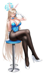 Rule 34 | 1girl, absurdres, animal ears, asuna (blue archive), asuna (bunny) (blue archive), black pantyhose, blue archive, blue bow, blue bowtie, blue eyes, blue halo, blue leotard, blush, bow, bowtie, breasts, crossed legs, detached collar, fake animal ears, full body, gloves, grin, hair over one eye, halo, high heels, highres, large breasts, leotard, light brown hair, long hair, mole, mole on breast, official alternate costume, pantyhose, rabbit ears, simple background, sitting, smile, solo, ssb (nit8921), strapless, strapless leotard, white background, white footwear, white gloves