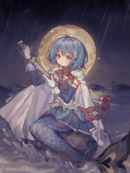 Rule 34 | 1girl, alternate form, belt, blood, blood on clothes, bloody weapon, blue eyes, blue hair, blue skirt, bow, bowtie, cape, chinese commentary, commentary request, crying, crying with eyes open, detached sleeves, dripping, fortissimo, from side, full body, full moon, gloves, hair ornament, heart, highres, holding, holding sword, holding weapon, huge moon, impaled, looking at viewer, mahou shoujo madoka magica, mahou shoujo madoka magica (anime), mermaid, miki sayaka, monster girl, moon, musical note, musical note hair ornament, night, night sky, ocean, outdoors, parted lips, rain, red bow, red bowtie, rock, sad, self-harm, shixiaoqina, short hair, sitting, sitting on rock, skirt, sky, solo, sparkle, sword, tears, water, weapon, white cape, white gloves