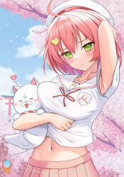 Rule 34 | 1girl, 35p (sakura miko), ahoge, arm up, armpits, beret, blush, breasts, cat hair ornament, closed mouth, green eyes, hair ornament, hat, heart, highres, hololive, large breasts, looking at viewer, navel, open mouth, pink hair, pink skirt, sakura miko, sakura miko (school uniform), shirt, skirt, smile, teeth, upper teeth only, virtual youtuber, white headwear, white shirt, z.m. (zimin)