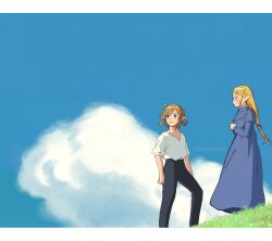 Rule 34 | 1boy, 1girl, alternate hairstyle, artist name, black pants, blonde hair, blue dress, blue eyes, blue sky, blush, bow, braid, breasts, buttons, closed mouth, cloud, cloudy sky, collarbone, cosplay, crossover, day, dress, earrings, flower, grass, hair bow, hair ornament, hairpin, hands up, highres, howl (howl no ugoku shiro), howl (howl no ugoku shiro) (cosplay), howl no ugoku shiro, jewelry, juliet sleeves, light brown hair, link, long hair, long sleeves, looking at another, looking to the side, medium breasts, nintendo, no mouth, outdoors, pants, pink flower, pointy ears, princess zelda, puffy short sleeves, puffy sleeves, purple bow, shirt, short hair, short sleeves, sky, smile, sophie (howl no ugoku shiro), sophie (howl no ugoku shiro) (cosplay), standing, tealakko, the legend of zelda, the legend of zelda: breath of the wild, white shirt