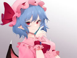 Rule 34 | 1girl, ascot, asutora, bat wings, blue hair, dress, gradient background, grey background, grin, hat, hat ribbon, looking at viewer, mob cap, nail polish, parted lips, pink dress, pink hat, pink nails, pointy ears, puffy short sleeves, puffy sleeves, red ascot, red eyes, red ribbon, remilia scarlet, ribbon, short hair, short sleeves, smile, solo, touhou, upper body, wings