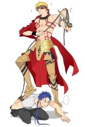 Rule 34 | 2boys, armor, bad id, bad pixiv id, blindfold, blonde hair, blue hair, chain, cu chulainn (fate), enkidu (weapon) (fate), fate/stay night, fate (series), gilgamesh (fate), highres, human furniture, jewelry, lancelot (smalock), cu chulainn (fate/stay night), male focus, multiple boys, necklace, topless male, simple background, tattoo