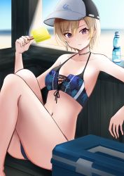 Rule 34 | absurdres, ass, bad id, bad pixiv id, bare legs, beach, bikini, black bikini, blurry, blurry background, breasts, cleavage, collarbone, commentary request, cooler, earrings, eating, feet out of frame, floral print, food, hair between eyes, highres, holding, idolmaster, idolmaster shiny colors, jewelry, knees up, looking at viewer, manjirou (manji illust), navel, necklace, ocean, outdoors, popsicle, print bikini, purple eyes, ramune, saijo juri, short hair, sideboob, sitting, sky, small breasts, solo, swimsuit, thighs, visor cap