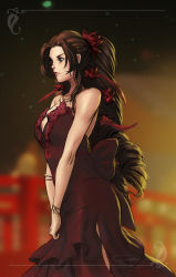 Rule 34 | 1girl, absurdres, aerith gainsborough, back bow, bare shoulders, blurry, blurry background, bow, bracelet, breasts, bridge, brown hair, cleavage, dress, final fantasy, final fantasy vii, final fantasy vii remake, flower, green eyes, hair flower, hair ornament, hair ribbon, highres, jewelry, long hair, looking to the side, medium breasts, necklace, official alternate costume, parted bangs, red dress, red flower, red ribbon, ribbon, ringlets, side slit, sidelocks, signature, solo, square enix, strapless, strapless dress, upper body, wall market