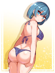 Rule 34 | 1girl, ass, ass focus, ass grab, ass support, bare shoulders, bikini, blue eyes, blue hair, blush, breasts, butt crack, cougar (cougar1404), from behind, huge ass, large breasts, looking at viewer, looking back, original, short hair, sideboob, solo, swimsuit
