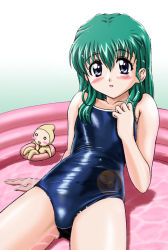 Rule 34 | 00s, 1girl, blue one-piece swimsuit, blush, competition school swimsuit, eiji, flat chest, gradient background, green background, green hair, innertube, lens flare, lying, marie, marie (onegai teacher), on back, one-piece swimsuit, onegai twins, onodera karen, school swimsuit, shiny clothes, solo, swim ring, swimsuit, thighs, wading pool, water, white background