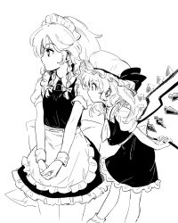 Rule 34 | 2girls, apron, ascot, black dress, black eyes, black ribbon, black skirt, black vest, bow, braid, breasts, buttons, closed mouth, collar, crystal, dress, flandre scarlet, greyscale, hair between eyes, hair bow, hat, hat ribbon, highres, izayoi sakuya, jewelry, looking to the side, maguro (mawaru sushi), maid, maid headdress, medium breasts, mob cap, monochrome, multiple girls, one side up, puffy short sleeves, puffy sleeves, ribbon, shirt, short hair, short sleeves, simple background, skirt, socks, standing, touhou, twin braids, vest, white apron, white ascot, white background, white bow, white hair, white headwear, white legwear, white shirt, wings, wrist cuffs