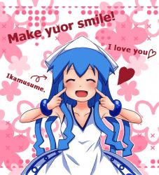 Rule 34 | blue hair, dress, english text, engrish text, closed eyes, hat, ikamusume, long hair, ranguage, shinryaku! ikamusume, shiron (shiron-04), smile, solo, tentacle hair, typo
