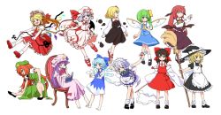 Rule 34 | 6+girls, apron, barefoot, bat wings, between fingers, black bow, black eyes, black footwear, black shirt, black skirt, black vest, blonde hair, blue bow, blue dress, blue eyes, blue hair, blue skirt, blue vest, bobby socks, book, bow, braid, broom, brown hair, chair, cirno, closed eyes, crescent, crystal, cup, daiyousei, detached sleeves, dress, drinking, embodiment of scarlet devil, fang, flandre scarlet, footwear bow, frog, frozen frog, gohei, green dress, green hair, green headwear, green skirt, hair bow, hair tubes, hair wings, hakurei reimu, hat, hat ribbon, head wings, highres, holding, holding book, holding broom, holding cup, holding knife, hong meiling, ice, ice wings, izayoi sakuya, kirisame marisa, knife, koakuma, laevatein, long hair, long sleeves, maguro (mawaru sushi), maid, maid headdress, mob cap, multiple girls, open mouth, patchouli knowledge, pink dress, pink headwear, pointing, puffy short sleeves, puffy sleeves, purple dress, purple hair, reading, red bow, red eyes, red footwear, red hair, red neckwear, red skirt, red vest, remilia scarlet, ribbon, rumia, shide, shirt, shoes, short hair, short sleeves, side ponytail, silver hair, simple background, sitting, skirt, smile, socks, stretching, striped clothes, striped dress, touhou, vest, white background, white legwear, white shirt, wings, witch hat, yellow neckwear