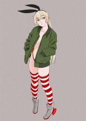 Rule 34 | 1girl, bad id, bad twitter id, black panties, blonde hair, brown eyes, film grain, flat chest, full body, green jacket, grey background, hairband, hands in pockets, head tilt, highleg, highleg panties, jacket, kantai collection, long hair, looking to the side, no bra, no pants, ojipon, open clothes, open jacket, panties, parted lips, rudder footwear, shimakaze (kancolle), simple background, skindentation, solo, standing, striped clothes, striped thighhighs, thighhighs, underwear