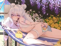 Rule 34 | 1girl, 1other, absurdres, ahoge, annoyed, ass, azur lane, barefoot, bikini, blue eyes, blush, book, breasts, commentary, covering privates, covering ass, double bun, embarrassed, feet, from behind, hair bun, hammock, headphones, headphones around neck, highres, le malin (azur lane), le malin (mercredi at the secret base) (azur lane), legs, legs apart, long hair, looking at viewer, looking back, lying, manjuu (azur lane), official alternate costume, on stomach, outdoors, rnekon215, small breasts, swimsuit, thigh strap, thighs, toes, very long hair, white bikini, white hair