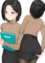 Rule 34 | 1girl, anti (0324), ass, bad id, bad twitter id, black hair, black pantyhose, black skirt, blush, book, brown pantyhose, brown sweater, business suit, closed mouth, commentary request, formal, from behind, hand on own ass, holding, holding book, long sleeves, miniskirt, mole, mole under eye, multiple views, hugging object, original, pantyhose, pencil skirt, purple eyes, short hair, simple background, skirt, skirt suit, suit, sweater, sweater tucked in, tight skirt, white background
