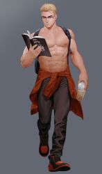 Rule 34 | 1boy, abs, bag, bara, biceps, blonde hair, book, bubble tea, buzz cut, clothes around waist, glasses, highres, male focus, mediocrelee, muscular, muscular male, navel, nipples, original, pants, pectorals, reading, shirt, shirt around waist, shoes, short hair, solo, thick eyebrows, topless male, very short hair, walking, yellow eyes