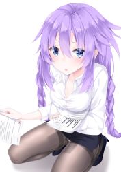 Rule 34 | 1girl, alternate costume, blue eyes, blue skirt, blush, braid, breasts, cleavage, collarbone, commentary request, hair between eyes, high heels, highres, holding, holding paper, long hair, looking at viewer, medium breasts, neptune (series), open mouth, pantyhose, paper, partially unbuttoned, purple hair, purple heart (neptunia), shikapiro, shirt, simple background, skirt, solo, squatting, twin braids, twintails, very long hair, white background, white shirt