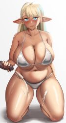 Rule 34 | 1girl, arm behind back, bikini, blonde hair, blue eyes, blush, bottle, breasts, cleavage, closed mouth, collarbone, commentary, curvy, elf, elf-san wa yaserarenai., erufuda-san, full body, highres, holding, holding bottle, huge breasts, kneeling, long hair, looking at viewer, lotion, lotion bottle, navel, no nose, pointy ears, roresu, shadow, sidelighting, simple background, smile, solo, squirting liquid, sweat, swimsuit, thick thighs, thighs, tsurime, white background, white bikini