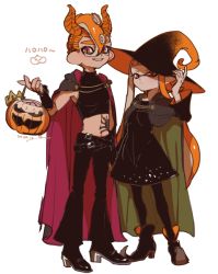 Rule 34 | 1boy, 1girl, agent 3 (splatoon), agent 8 (splatoon), black cape, black dress, black footwear, black gloves, black headwear, black pants, black pantyhose, black shirt, blunt bangs, boots, brown cape, cape, closed mouth, commentary, dated, demon horns, dress, fake horns, fingerless gloves, gloves, grin, halloween, halloween bucket, halloween costume, hat, holding, horns, inkling, inkling girl, inkling player character, light frown, long hair, long sleeves, medium dress, midriff, mohawk, navel, nintendo, octoling, octoling boy, octoling player character, orange eyes, orange hair, orange headwear, orange horns, pants, pantyhose, pointy ears, pointy footwear, red cape, shirt, short hair, side-by-side, simple background, sleeveless, sleeveless shirt, smile, splatoon (series), stomach tattoo, suction cups, tattoo, translated, two-sided cape, two-sided fabric, two-sided headwear, white background, witch hat, yeneny