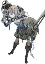 Rule 34 | 1boy, :o, boots, brown dress, brown footwear, brown gloves, brown hair, brown legwear, cage, dress, full body, gloves, green eyes, gretel (sinoalice), hair between eyes, hansel (sinoalice), holding, holding sword, holding weapon, leggings, long sleeves, looking to the side, open mouth, short hair, simple background, sinoalice, sword, trap, tsukinowa kousuke, weapon, white background