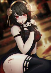 Rule 34 | 1girl, absurdres, arm strap, black dress, black gloves, black nails, black thighhighs, bleeding, blood, blood on clothes, blood on face, blood splatter, blurry, blurry background, blush, cuts, dress, fingerless gloves, gloves, gold hairband, hairband, highres, iluvei, injury, licking, licking finger, looking at viewer, red eyes, sitting, skindentation, solo, spy x family, thighhighs, tongue, tongue out, twitter username, yor briar